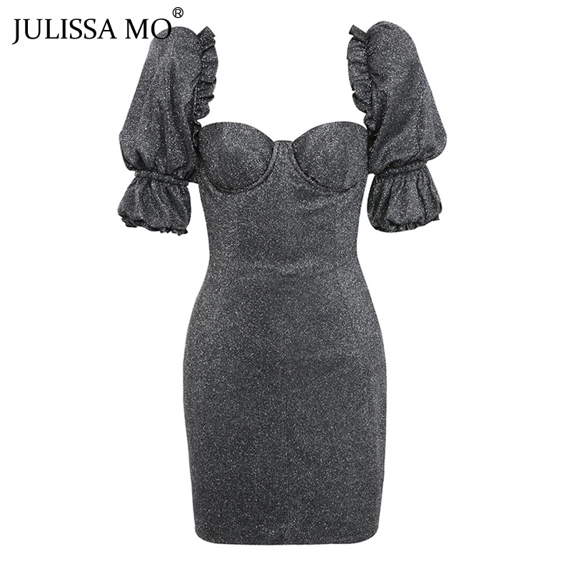 Julissa mo с короткими рукавами, шифоновая блузка с короткими рукавами с блестками вечерние платье Для женщин сексуальные платья с открытыми плечами мини облегающее женское платья с открытой спиной, рождественское платье