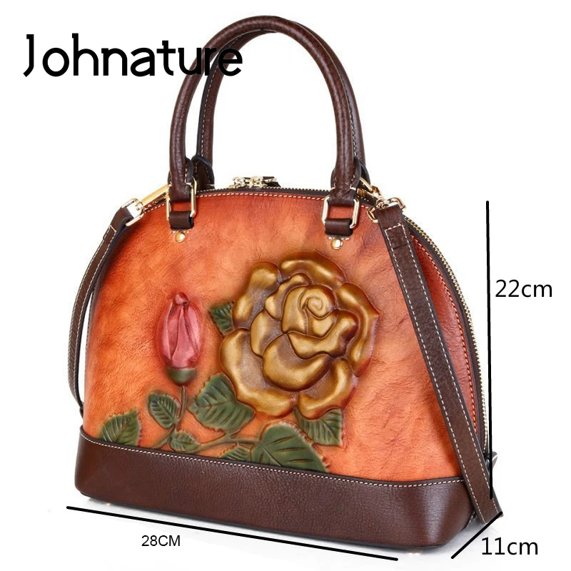 Johnature High Quality Genuine Leather Luxury Handbags Women Bags New Retro Handmade Embossing Shoulder& Crossbody Bags