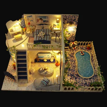 

New DIY Doll House Wooden Santorini Island House Model Creative Gift Birthday Gift Educational Toy Xmas Gift
