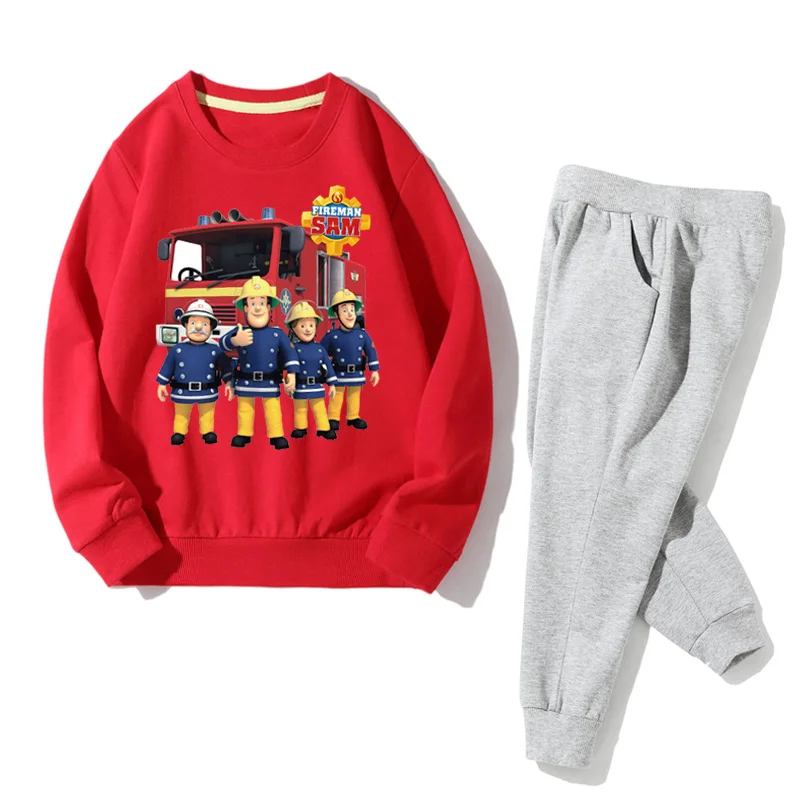 Весенний комплект одежды для мальчиков, Розовый пуловер для девочек, пальто+ штаны, комплекты одежды из 2 предметов спортивные костюмы с рисунком пожарного Сэма для малышей, JZ066