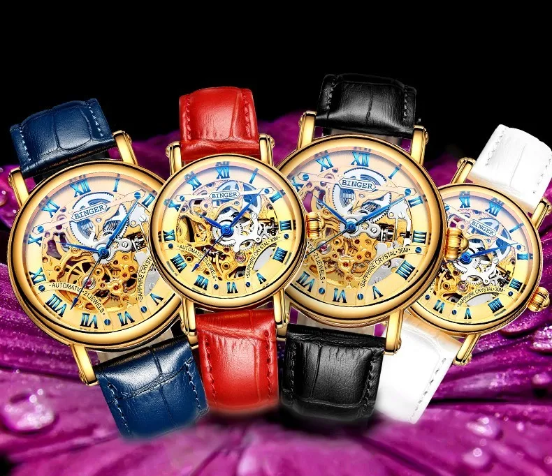 Механические наручные часы с двойным скелетом швейцарские роскошные женские часы Бингер брендовые сапфировые часы из нержавеющей стали B-5066L-1