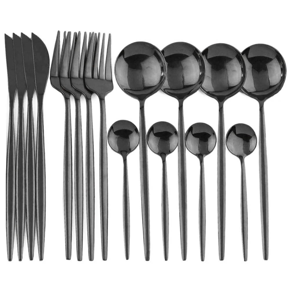 

16pcs Luxury Shiny Black Dinnerware Set 304 Stainless Steel Knife Fork Spoon Black Cutlery Set Flatware Set With Gift Box Family