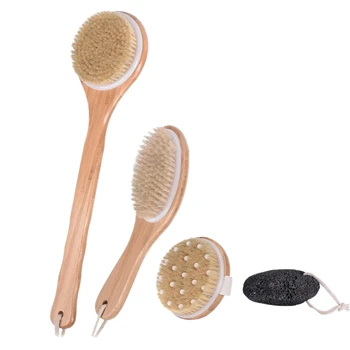 

4-Piece Shower Brush Set-Dry Brush Set, Bath Brush with Long Wooden Handle, Back Cleaner, Pumice Stone, Feather Brush