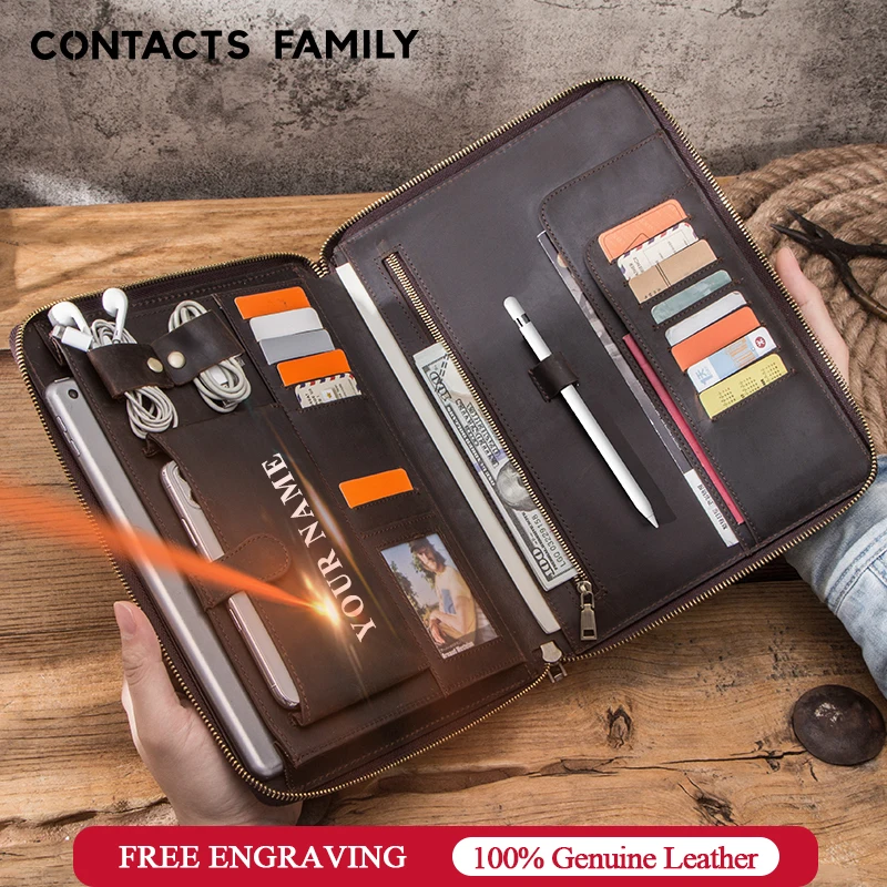 CONTACT'S FAMILY Crazy Horse Leather A5 Padfolio Folder Notebook and Journal Binder спиральный держатель Органайзер руководство на молнии|Чехлы