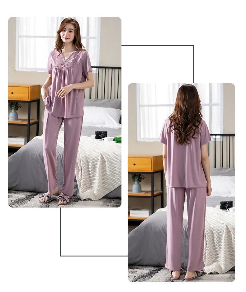 sexy pajama sets for women Women Pajama Sets Modal Cotton Pijamas Mujer Sleepwear Lady Short Sleeve Summer Nightwear Femme 2 Pieces Sets Lace Homewear XXXL womens pyjama sets