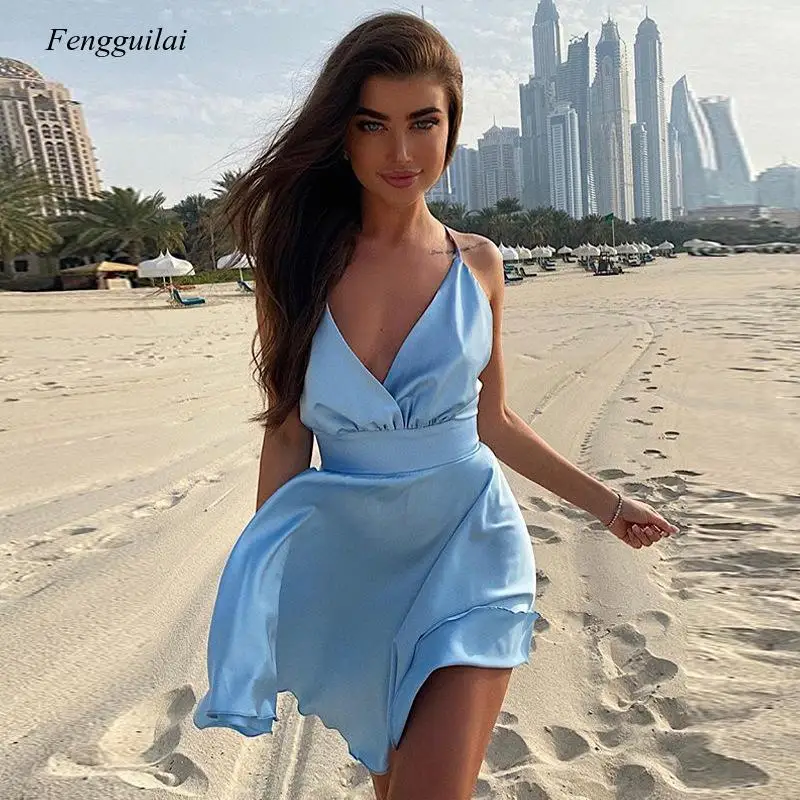 Satin Sexy Backless Sleeveless Party Night Club Wrap Mini Dresses Spaghetti Straps Elegant Dress Solid Vestidos 2021 tie dye sexy mini dress sleeveless bandage cut out vestidos night club party dresses holiday beach wear bodycon sundress