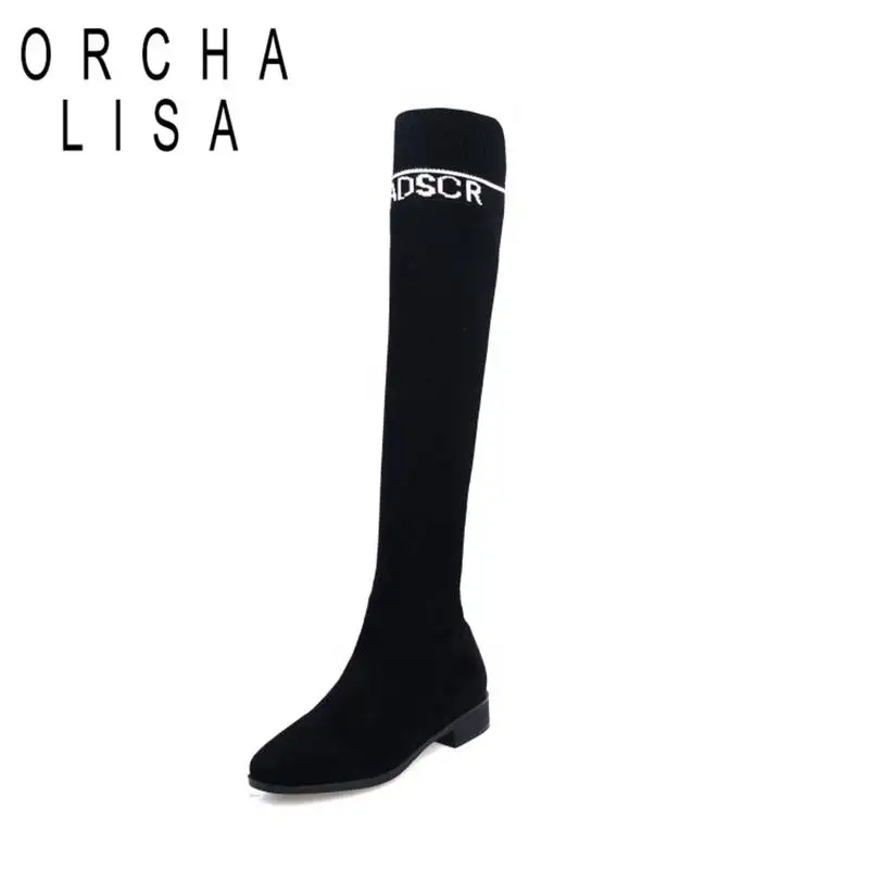 

ORCHA LISA Women High Thin Heel Knee mid-calf Boots Letters Pull On Elastic Stretchy Sock Boots Women Warm Slim Thigh High 43