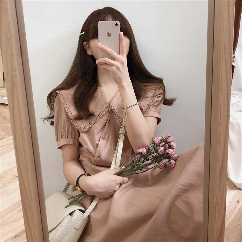 Большие размеры; новое летнее платье для девочек; Boho; вечерние однотонные розовые женские винтажные платья на пуговицах с коротким рукавом; женские платья; Robe Vestido