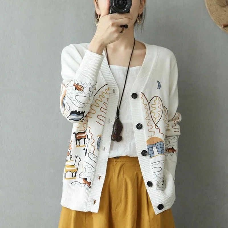

Knitted Cardigan Spring and Autumn New Pure Cotton Cardigan Loose Embroidery Long-sleeved Sweater Retro Wild Sweater Coat Women