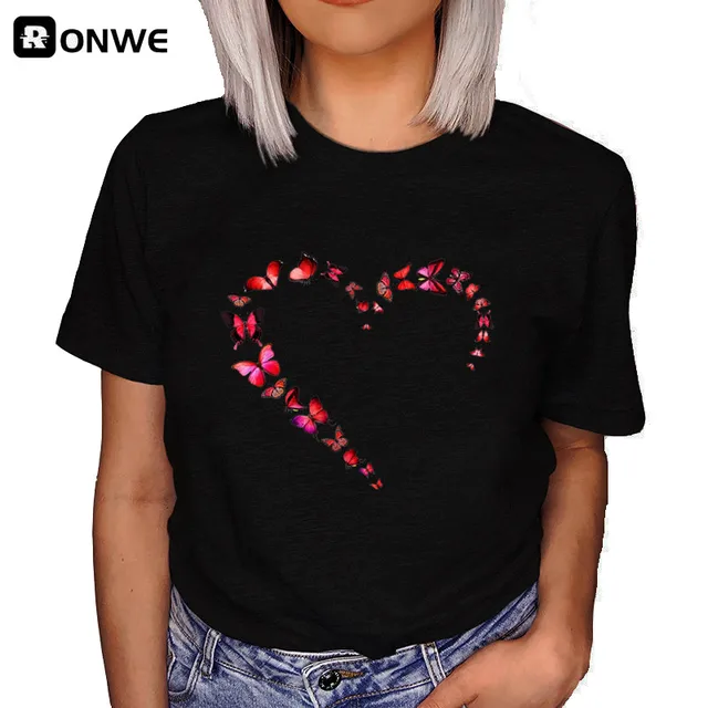 Woman Butterfly Tree Print Harajuku Summer Tshirts Casual Round Neck Short Slee Top Tee Shirt,Drop Ship T207B-Black