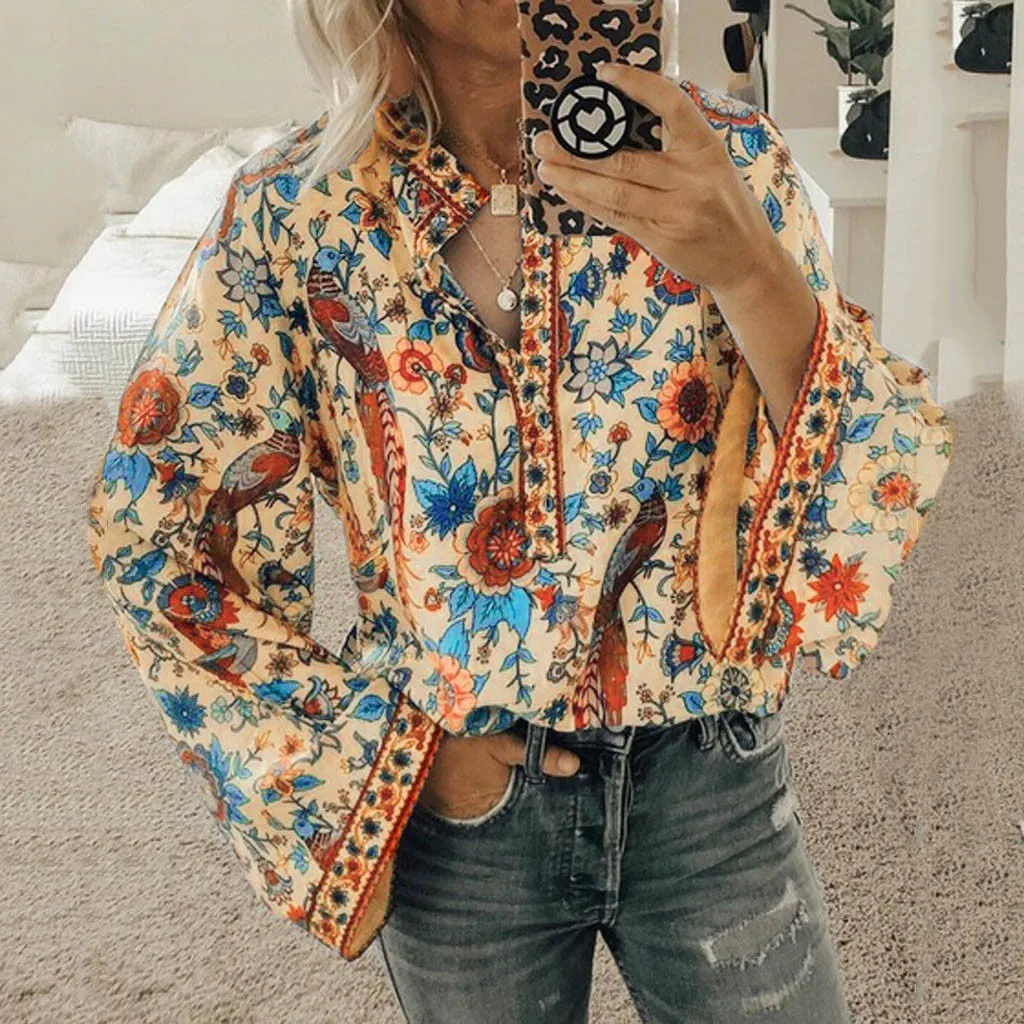 

T Shirt women harajuku vintage casual Long Sleeve Floral Print V Neck s Loose streetwear Clothing tshirt tee