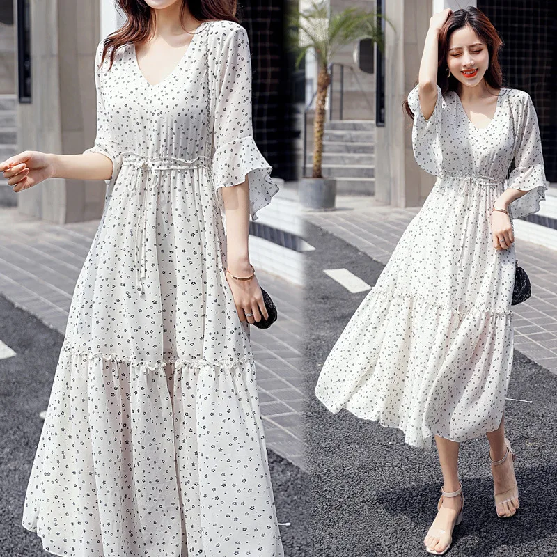

2019 Summer New Style Immortal Small Floral Dress Korean-style Lace-up Slim Fit Slimming Half-sleeve Shirt Long Chiffon Skirt