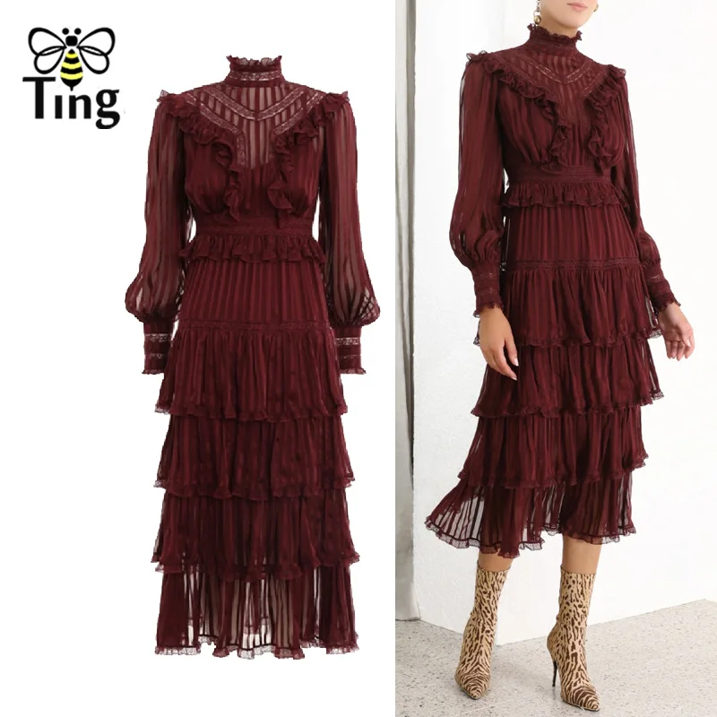 

Tingfly 2020 Designer Lace Patchwork Layered Long Dress High Quality Vintage Party Dresses Casual Runway Vestidos