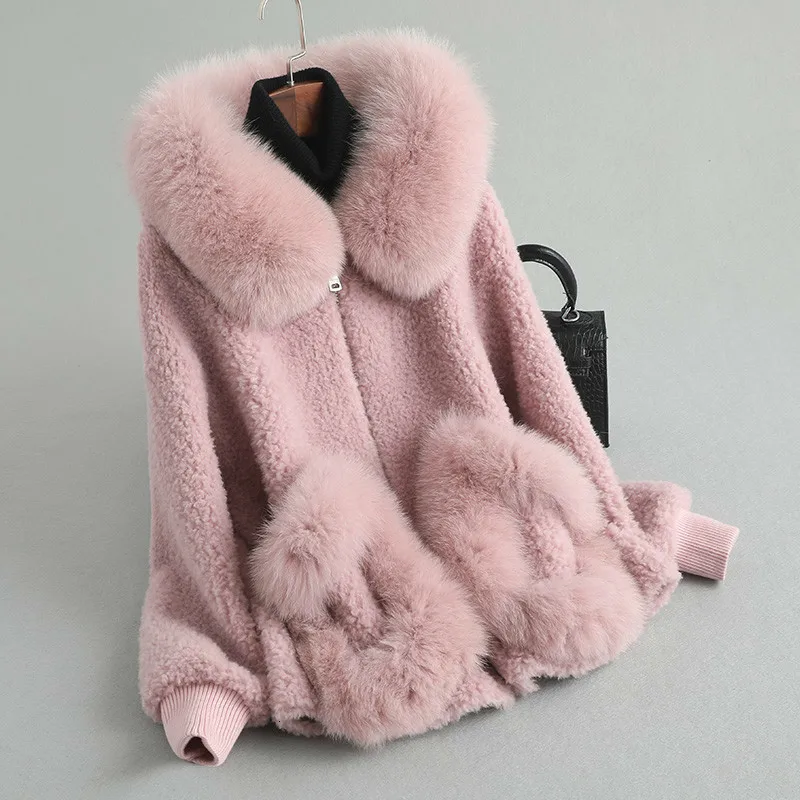 pink Женское пальто с натуральным мехом, осенне-зимняя куртка для женщин, Лисий мех, с капюшоном, шерстяное меховое пальто, пальто, Manteau Femme Hiver KQN18103-2 - Цвет: pink