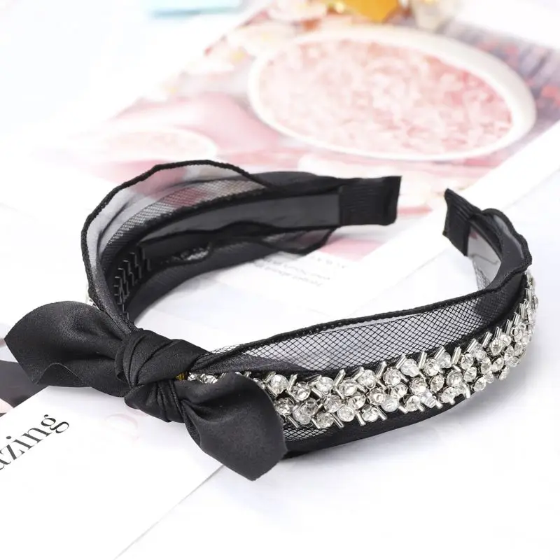 Wedding Jewelry Wide Headband Ladies Vintage Faux Pearl Rhinestone Handmade Beading Hair Hoop Hollow Gird Bowknot Lace Headwear