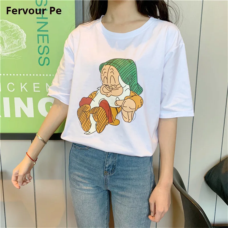

Women Clothing T-shirt personality Cartoon printing Short sleeve Slim Loose Style Tee Pure cotton Shirt Female 910