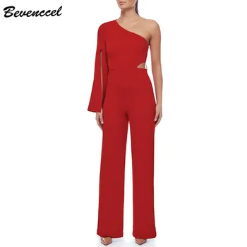 

Bevenccel 2020 New Red One Shoulder Bandage Jumpsuit Sexy Waist Cut Out Bodycon Celebrity Elegant Party Jumpsuit Bodysuit