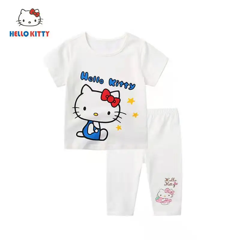 thumbnail image 1 of Hello Kitty-Conjunto de polainas y cuello de muñeca de manga corta para niñas, Top y pantalones cortos de algodón, traje de dos piezas, nuevo producto, 1 of 5