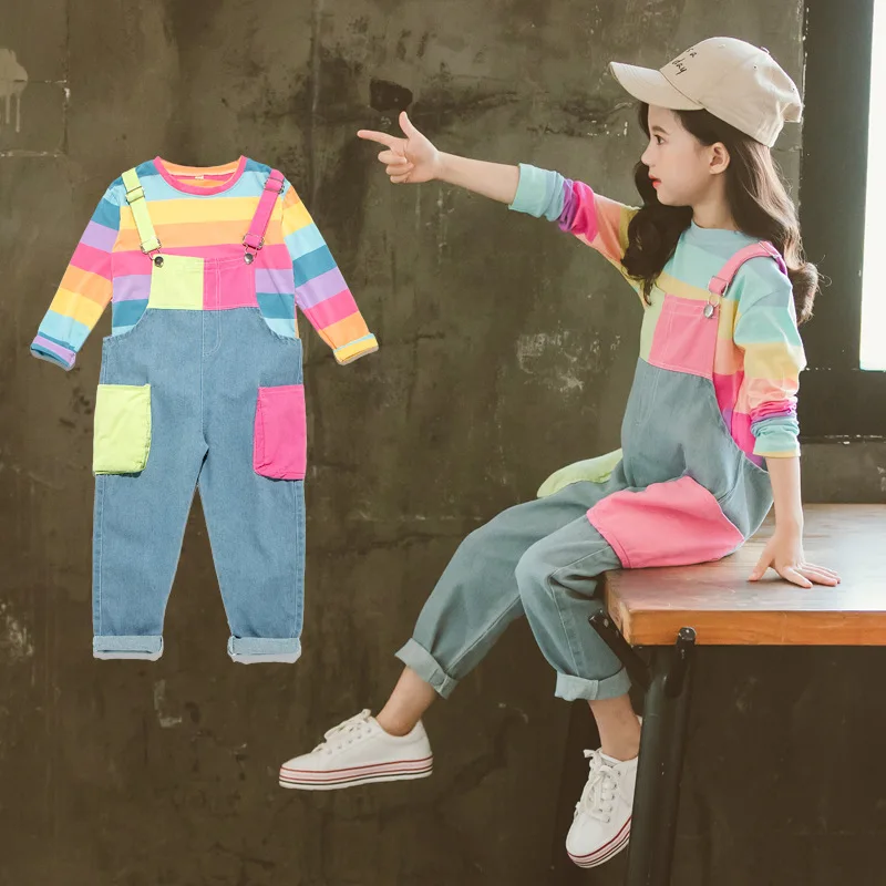 

Girls Clothing Sets Spring Children Multicolor Striped Shirt+Jumpsuit 2Pcs Autumn Teen Kids Jeans Clothes 8 10 12 Years