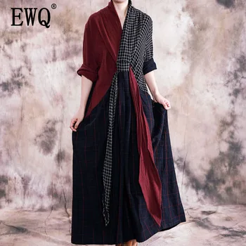 

[EWQ] 2020 Spring Summer New Arrivals V-neck Full Sleeve Print Pattern Patchwork Women Casual Loose Irregular Dress AY46801