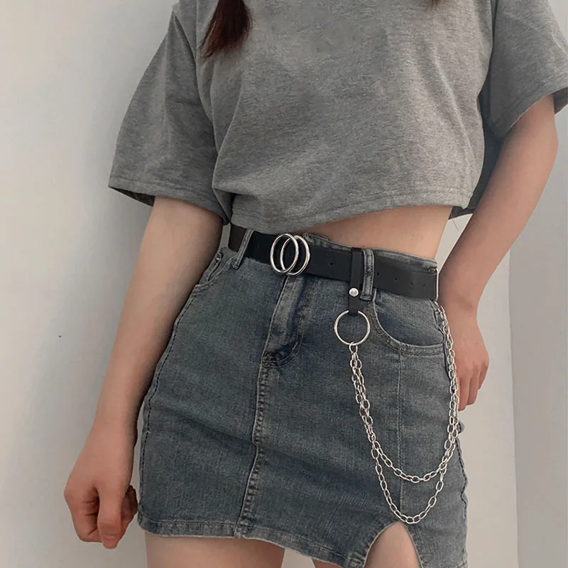 

Punk Fashion Leather Belt For Women Double Round Buckle Waist Strap With Chain Lady Trouser Jeans All-match Decoration Waistband