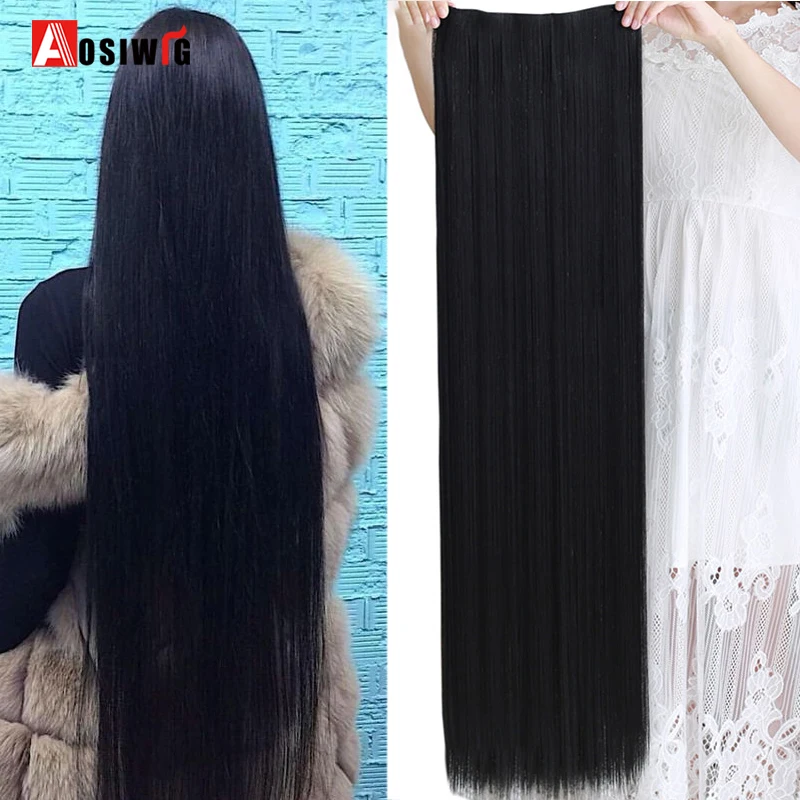 AOSI 5 Size Long Straight Clip in Hair Extensions Black Brown Heat Resistant Synthetic Piece For Women | Шиньоны и парики