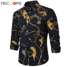 Мужские рубашки с принтом тигра и золотой цепочкой, роскошные брендовые рубашки для ночного клуба, мужские уличные рубашки с длинным рукавом в стиле хип-хоп, Мужская черная рубашка
