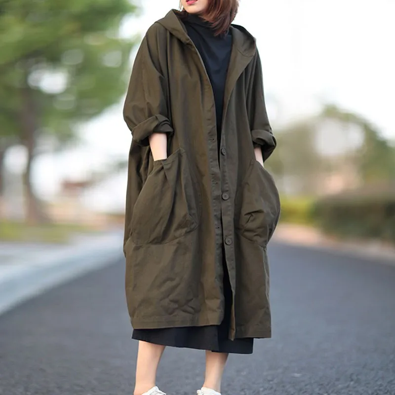 Johnature-abrigo largo holgado de talla grande para mujer, cortavientos con capucha y una hilera de botones, sencillo e informal, Color sólido, combina con todo, novedad de Otoño de 2021