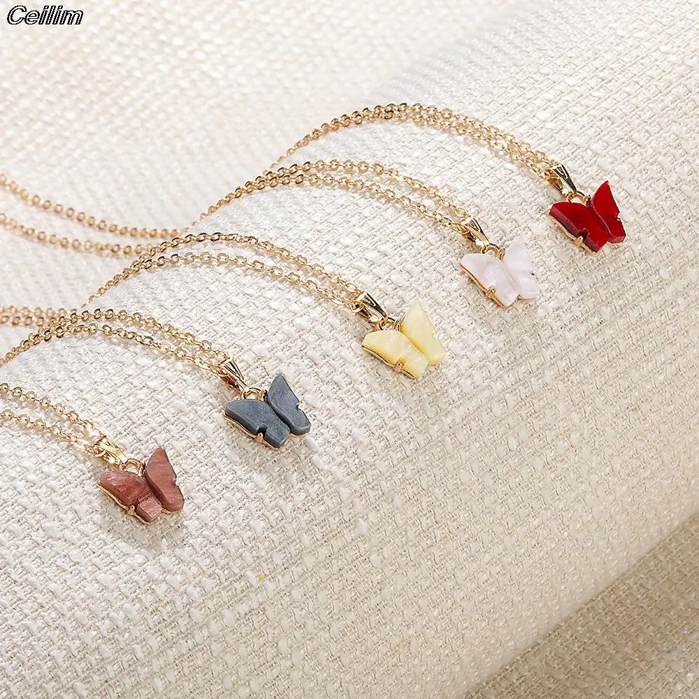 

2021 Cute Butterfly Pendant Necklace For Women Acrylic Statement Choker Necklace Steet Style Korean Fashion Jewelry Gifts