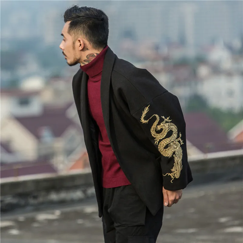 Пальто с вышивкой дракона, Свободное пальто большого размера в китайском стиле, мужское осенне-зимнее шерстяное пальто, кимоно, халаты, винтажная куртка - Цвет: U84 Black