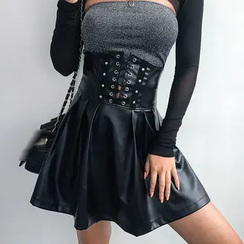 

Women's Skirts Gothic Harajuku Bandage Faux Leather Korean Fashion Black Mini Pleated Skirts Summer Party Pu Saias 2020