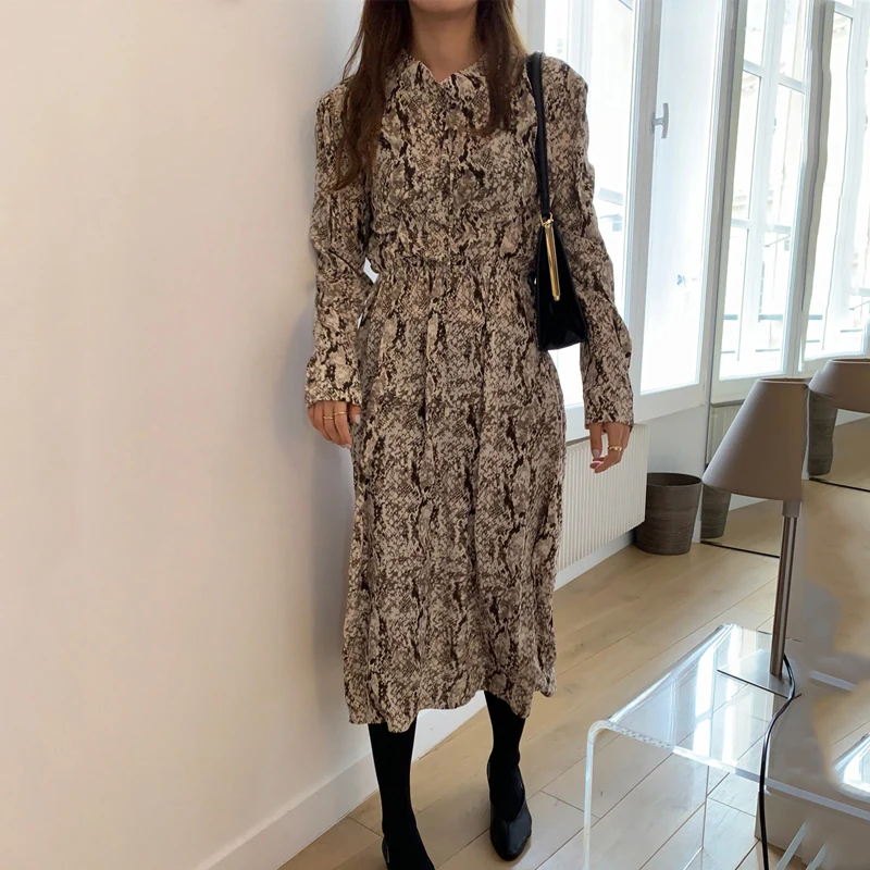 

Snake print Dress Women Dress Loose Long Sleeve A-line Vintage Dress Vestidos de fiesta