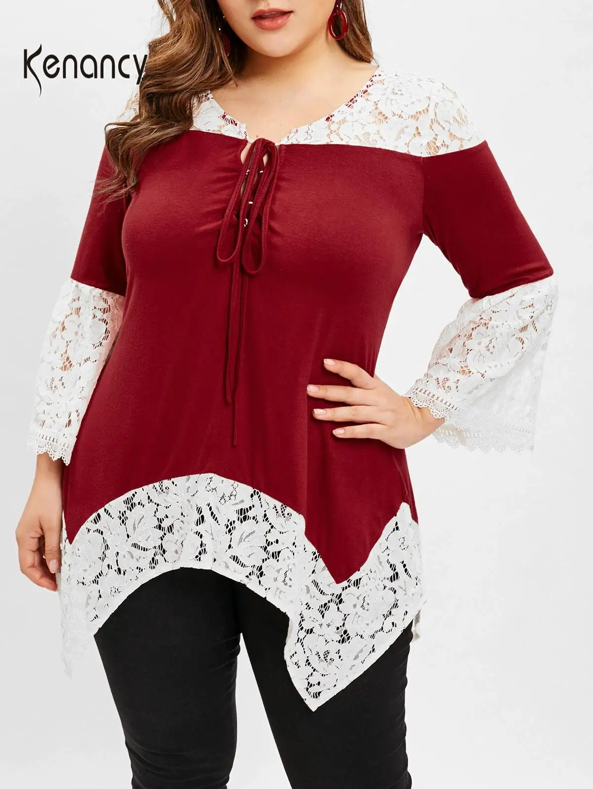 Женская Асимметричная блузка Kenancy кружевная с рукавами-колоколами и v-образным