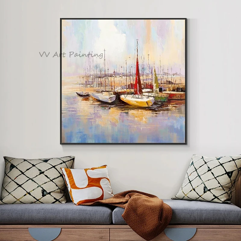 

Hand Painted Colorful Textured Sea Oil Painting Artwork Modern Oversize Abstract Extra Ship Wall Decoration in the Living Room