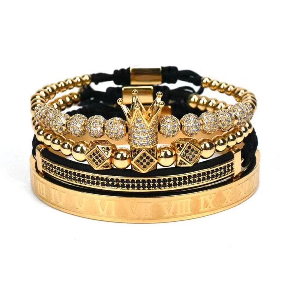 

4pcs/set Gold Hip Hop Hand Made Bead Bracelet Men Copper Pave CZ Zircon Crown Roman Numeral Bracelets & Bangles Luxury Jewelry