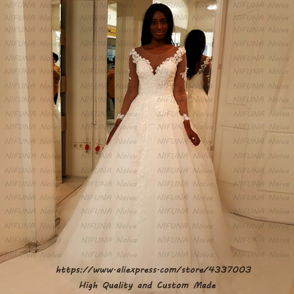 robe de mariee New African Wedding Gowns See Through Back Bride Dress Sexy Appliqued Long Sleeve 2021 bruidsjurken | Свадьбы и