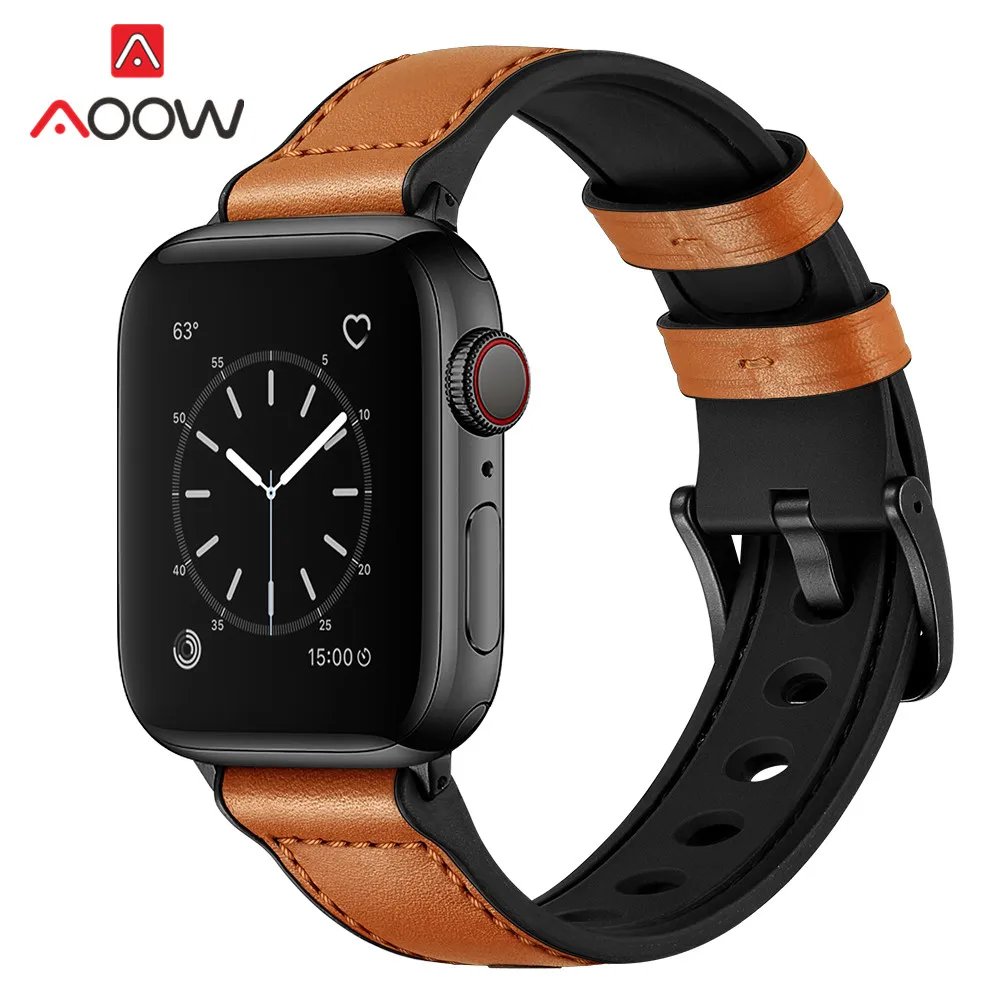 Ремешок из силикона и натуральной кожи для Apple Watch 3 4 5 38 мм 42 40 44 мужской резиновый