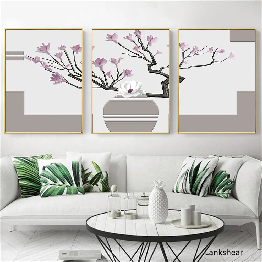 

3 Piece Wall Art Flower Vase Painting Modern Abstract Painting Purple Flower Poster Canvas Print Picture for Living Room Decor