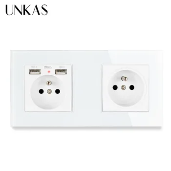 

UNKAS French Standard Tempered Crystal Glass Panel Wall Socket With Dual USB Charging Port + 1 Gang French Outlet 172 * 86mm