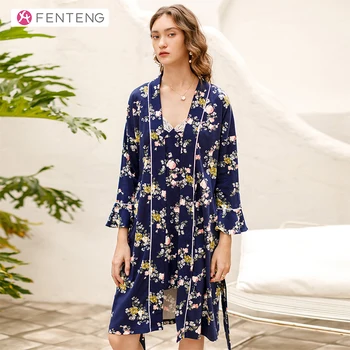 

FENTENG Spring Pajamas 2PCS Long Sleeves Nightgown & Coat Printed Navy Homewear Casual Nightwear Female J98112406