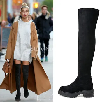 

New Winter Women Boots Black Suede Long Boots Fur Inside Round Toe Slip On Over The Knee Med Square Heeled Women Shoes