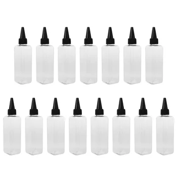 

15pcs 100ml Square Hair Dye Bottles Clear Plastic Hair Coloring Bottle Storage Bottle Pointed Mouth Container (with Black Mouth)