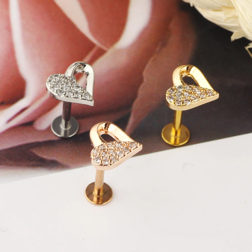 JUNLOWPY Zircon Lip Labret Stud Lip Ring Cartilage Piercing Earrings Tragus Daith Ear Stud Body Piercing Jewelry Heart