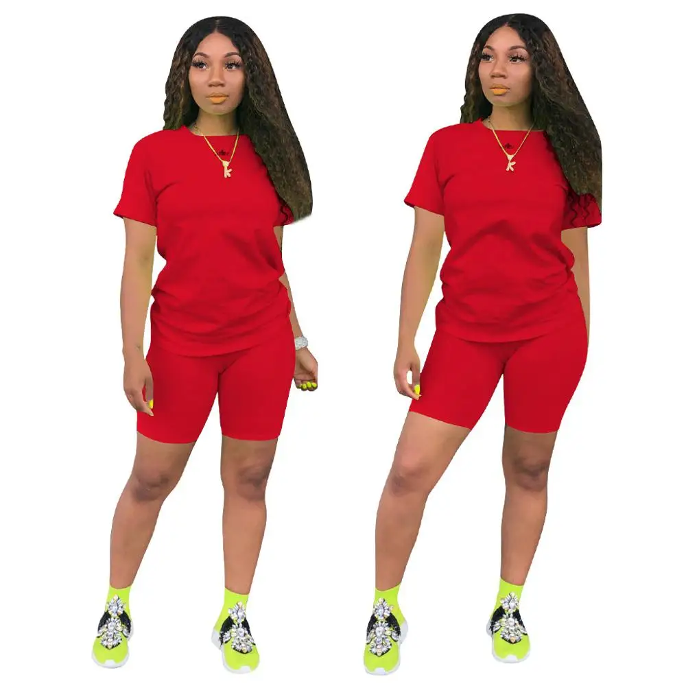 OTTATAT 2021 Two Piece Outfits for Women Short Sleeve V Neck Biker Shorts Solid Seamless Set Outfits Daily Life Clothing 