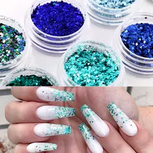 1 Caixa Blue Series Nail Glitter Pó Colorido Gradiente Prego Sequências irregulares Flakes Palliette Nail Art Chrome Dust Pigment
