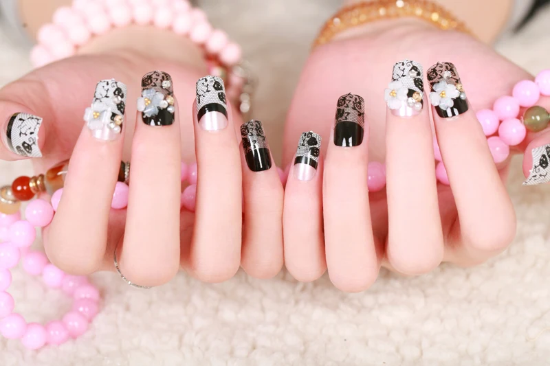 Маникюр 24 шт Невеста маникюр поддельные ногти продукт черный кружевной дизайн ногтей студия кружевная наклейка для ногтей