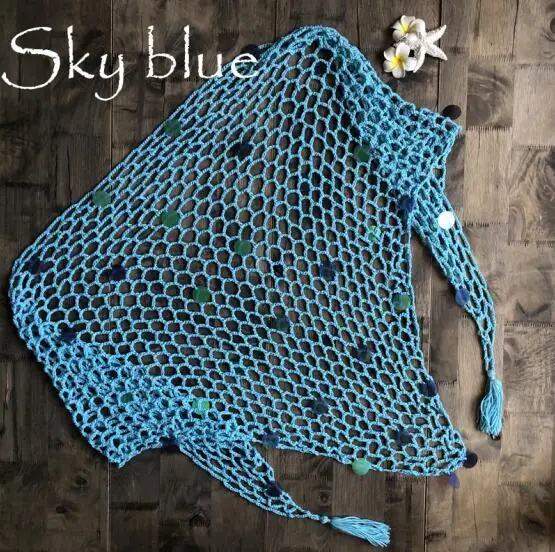 CROCHET BIKINI New Arrival Summer Sexy Women Sequin Hollow Out Fishnet Crochet Mesh Bikini Cover Up Swimwear Bathing Beach - Цвет: Sky blue