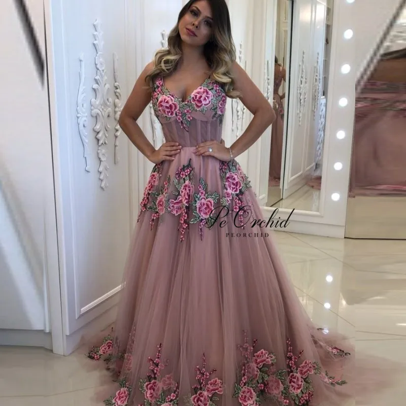 PEORCHI, пыльно-розовые вечерние платья, длинные, с вышивкой, Vestidos De Noche, v-образный вырез, трапециевидный тюль, женские вечерние платья