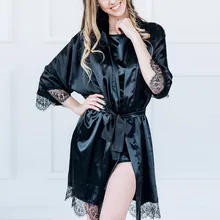 Женское сексуальное черное атласное кимоно Халат Кружевной Халат белье пижамы комбинация большого размера S-XXXL ночная рубашка 41