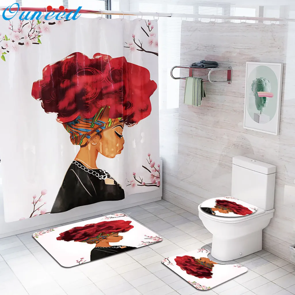 Ouneed 4PCS African explosion head Printd Bathroom Shower Curtains sets Non Slip waterproof Toilet Shower curtains Cover Mat set